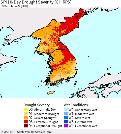 Korea SPI 10-Day Drought Severity (CHIRPS) Thematic Map For 9/1/2023 - 9/10/2023