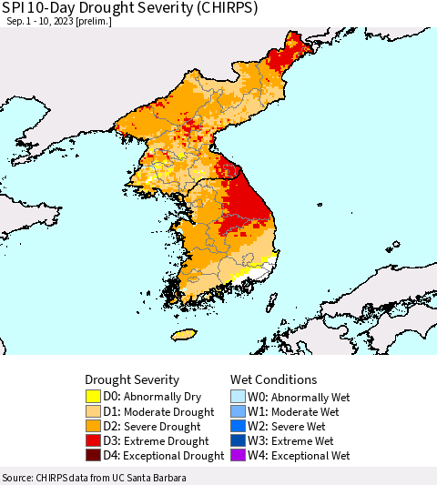 Korea SPI 10-Day Drought Severity (CHIRPS) Thematic Map For 9/1/2023 - 9/10/2023