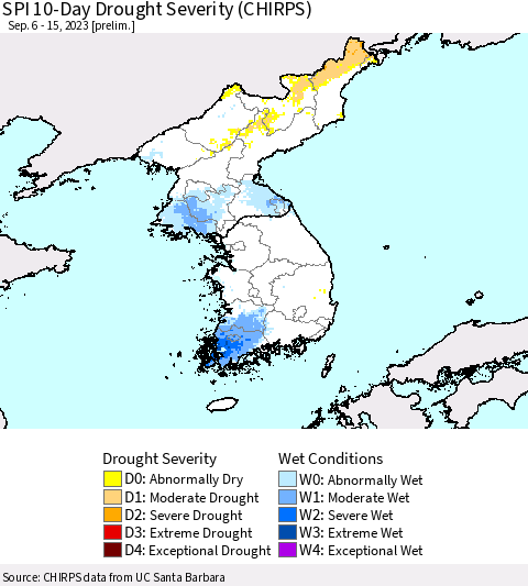 Korea SPI 10-Day Drought Severity (CHIRPS) Thematic Map For 9/6/2023 - 9/15/2023