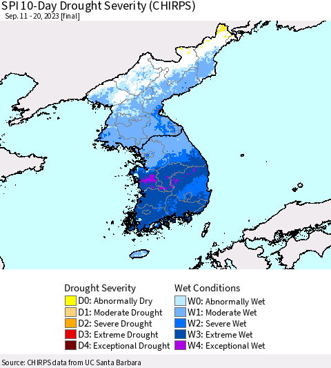 Korea SPI 10-Day Drought Severity (CHIRPS) Thematic Map For 9/11/2023 - 9/20/2023