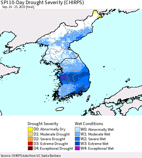 Korea SPI 10-Day Drought Severity (CHIRPS) Thematic Map For 9/16/2023 - 9/25/2023