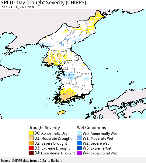 Korea SPI 10-Day Drought Severity (CHIRPS) Thematic Map For 9/21/2023 - 9/30/2023