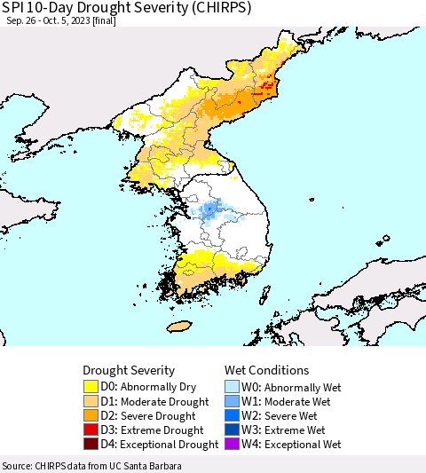 Korea SPI 10-Day Drought Severity (CHIRPS) Thematic Map For 9/26/2023 - 10/5/2023