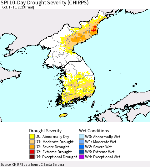 Korea SPI 10-Day Drought Severity (CHIRPS) Thematic Map For 10/1/2023 - 10/10/2023