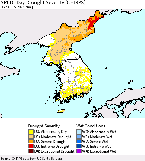 Korea SPI 10-Day Drought Severity (CHIRPS) Thematic Map For 10/6/2023 - 10/15/2023