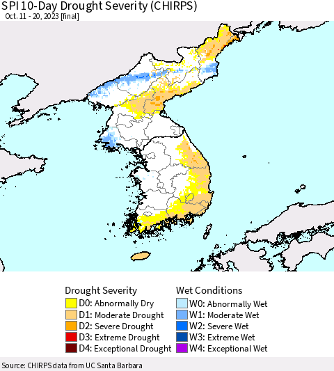 Korea SPI 10-Day Drought Severity (CHIRPS) Thematic Map For 10/11/2023 - 10/20/2023