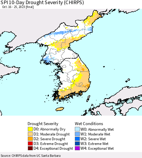 Korea SPI 10-Day Drought Severity (CHIRPS) Thematic Map For 10/16/2023 - 10/25/2023