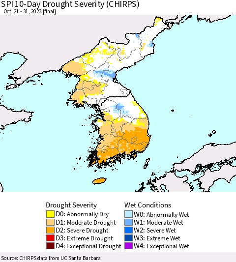 Korea SPI 10-Day Drought Severity (CHIRPS) Thematic Map For 10/21/2023 - 10/31/2023