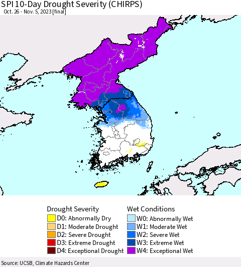 Korea SPI 10-Day Drought Severity (CHIRPS) Thematic Map For 10/26/2023 - 11/5/2023
