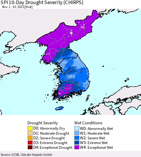 Korea SPI 10-Day Drought Severity (CHIRPS) Thematic Map For 11/1/2023 - 11/10/2023