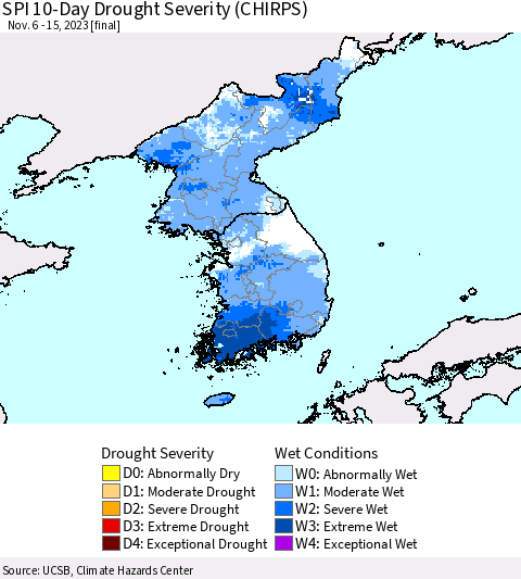 Korea SPI 10-Day Drought Severity (CHIRPS) Thematic Map For 11/6/2023 - 11/15/2023