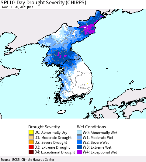 Korea SPI 10-Day Drought Severity (CHIRPS) Thematic Map For 11/11/2023 - 11/20/2023
