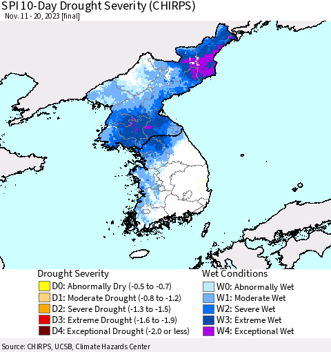 Korea SPI 10-Day Drought Severity (CHIRPS) Thematic Map For 11/11/2023 - 11/20/2023