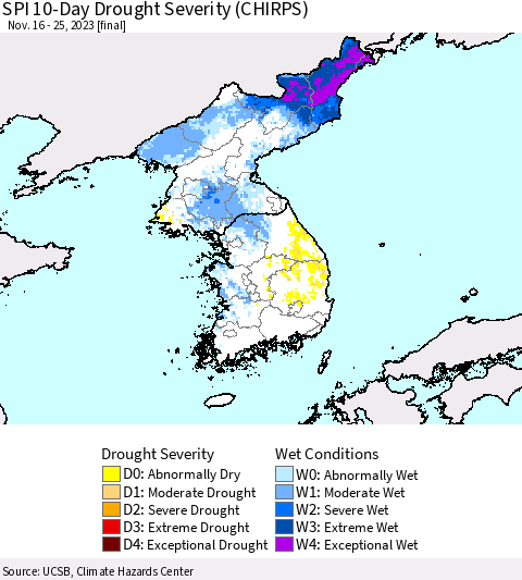 Korea SPI 10-Day Drought Severity (CHIRPS) Thematic Map For 11/16/2023 - 11/25/2023