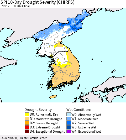 Korea SPI 10-Day Drought Severity (CHIRPS) Thematic Map For 11/21/2023 - 11/30/2023