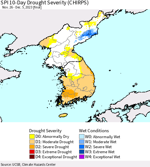 Korea SPI 10-Day Drought Severity (CHIRPS) Thematic Map For 11/26/2023 - 12/5/2023