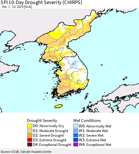 Korea SPI 10-Day Drought Severity (CHIRPS) Thematic Map For 12/1/2023 - 12/10/2023