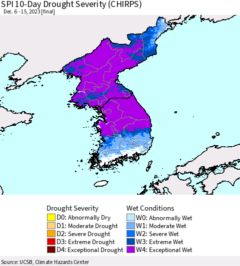 Korea SPI 10-Day Drought Severity (CHIRPS) Thematic Map For 12/6/2023 - 12/15/2023