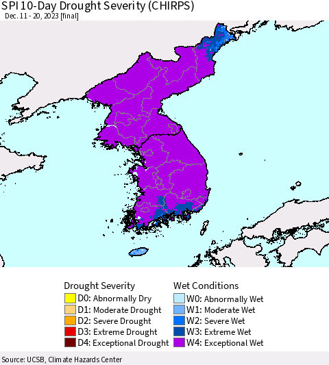 Korea SPI 10-Day Drought Severity (CHIRPS) Thematic Map For 12/11/2023 - 12/20/2023