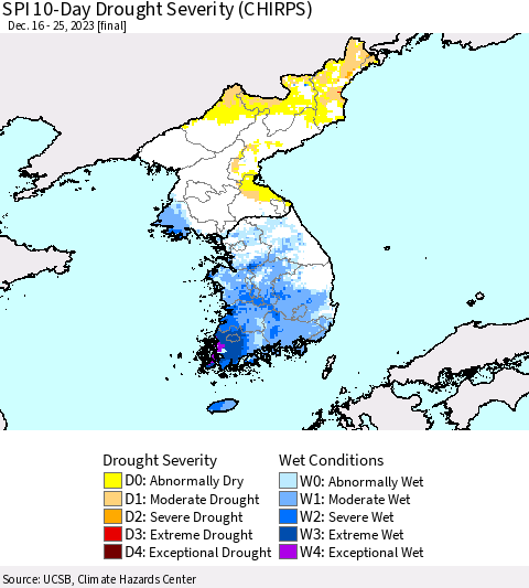 Korea SPI 10-Day Drought Severity (CHIRPS) Thematic Map For 12/16/2023 - 12/25/2023