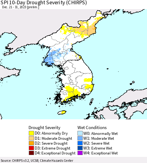 Korea SPI 10-Day Drought Severity (CHIRPS) Thematic Map For 12/21/2023 - 12/31/2023