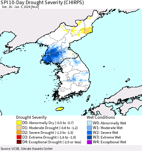 Korea SPI 10-Day Drought Severity (CHIRPS) Thematic Map For 12/26/2023 - 1/5/2024