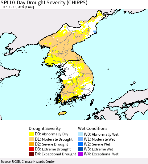 Korea SPI 10-Day Drought Severity (CHIRPS) Thematic Map For 1/1/2024 - 1/10/2024