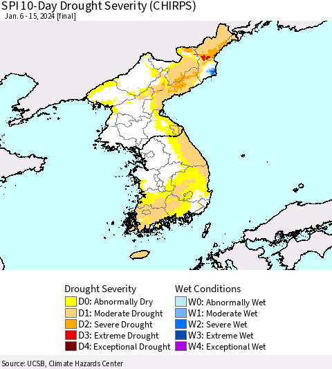 Korea SPI 10-Day Drought Severity (CHIRPS) Thematic Map For 1/6/2024 - 1/15/2024