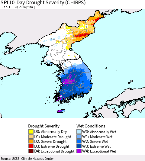 Korea SPI 10-Day Drought Severity (CHIRPS) Thematic Map For 1/11/2024 - 1/20/2024