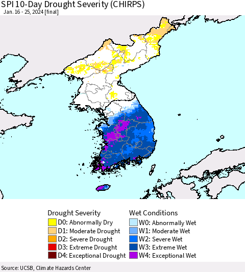 Korea SPI 10-Day Drought Severity (CHIRPS) Thematic Map For 1/16/2024 - 1/25/2024
