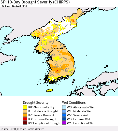 Korea SPI 10-Day Drought Severity (CHIRPS) Thematic Map For 1/21/2024 - 1/31/2024