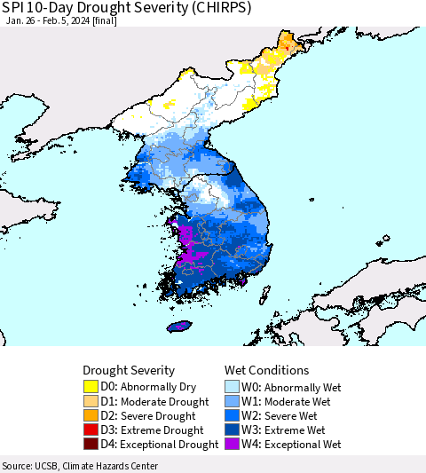 Korea SPI 10-Day Drought Severity (CHIRPS) Thematic Map For 1/26/2024 - 2/5/2024