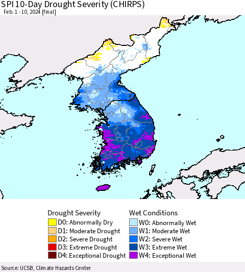 Korea SPI 10-Day Drought Severity (CHIRPS) Thematic Map For 2/1/2024 - 2/10/2024