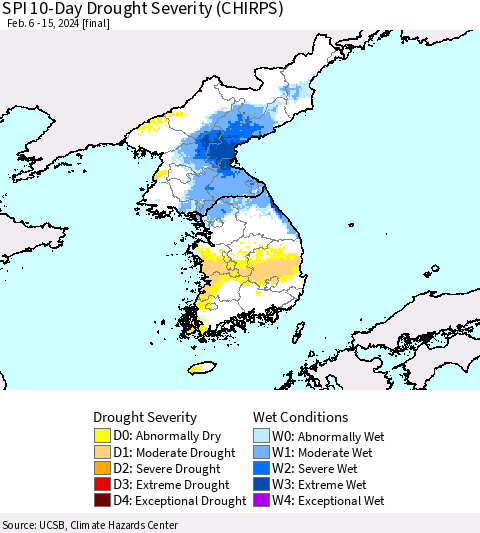 Korea SPI 10-Day Drought Severity (CHIRPS) Thematic Map For 2/6/2024 - 2/15/2024