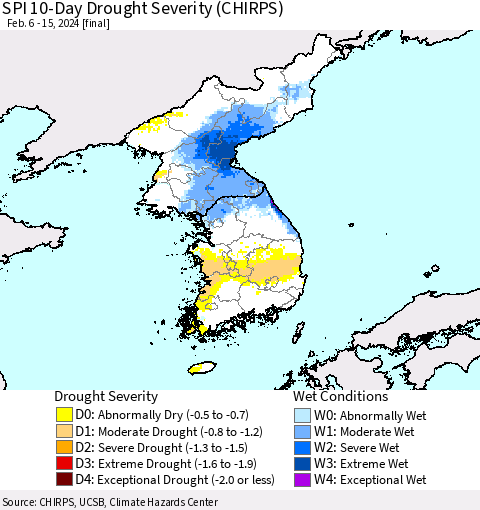 Korea SPI 10-Day Drought Severity (CHIRPS) Thematic Map For 2/6/2024 - 2/15/2024