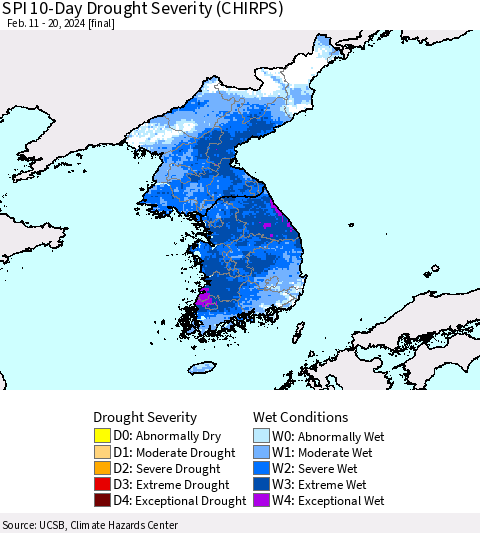Korea SPI 10-Day Drought Severity (CHIRPS) Thematic Map For 2/11/2024 - 2/20/2024