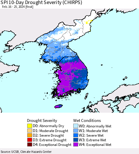 Korea SPI 10-Day Drought Severity (CHIRPS) Thematic Map For 2/16/2024 - 2/25/2024