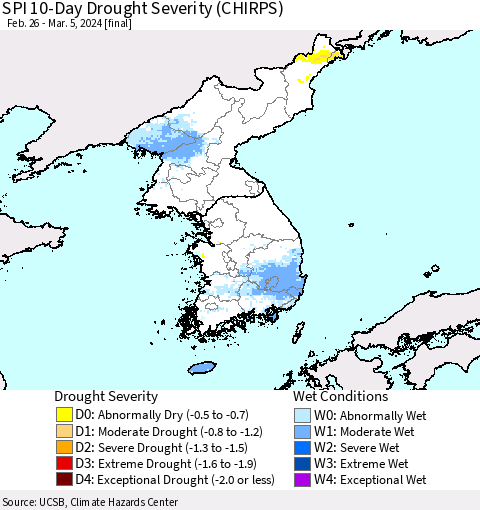 Korea SPI 10-Day Drought Severity (CHIRPS) Thematic Map For 2/26/2024 - 3/5/2024