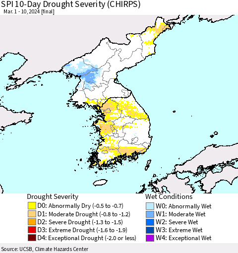 Korea SPI 10-Day Drought Severity (CHIRPS) Thematic Map For 3/1/2024 - 3/10/2024