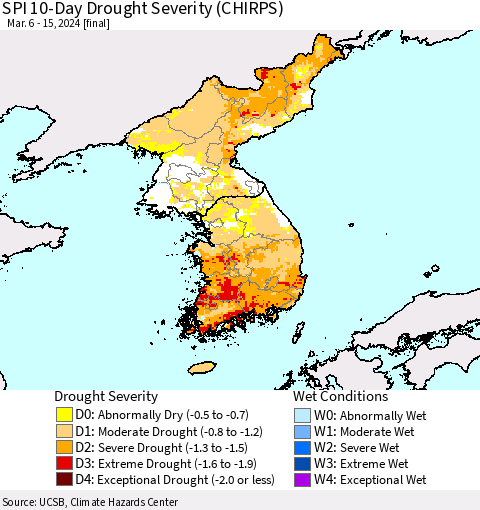 Korea SPI 10-Day Drought Severity (CHIRPS) Thematic Map For 3/6/2024 - 3/15/2024