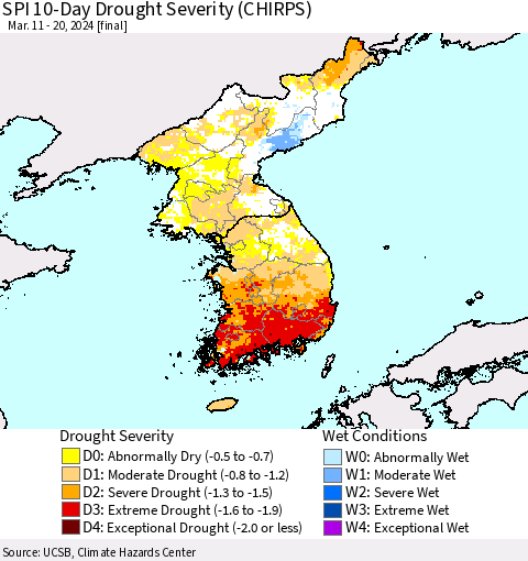 Korea SPI 10-Day Drought Severity (CHIRPS) Thematic Map For 3/11/2024 - 3/20/2024