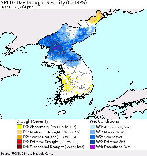 Korea SPI 10-Day Drought Severity (CHIRPS) Thematic Map For 3/16/2024 - 3/25/2024
