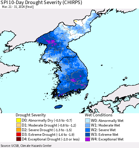 Korea SPI 10-Day Drought Severity (CHIRPS) Thematic Map For 3/21/2024 - 3/31/2024