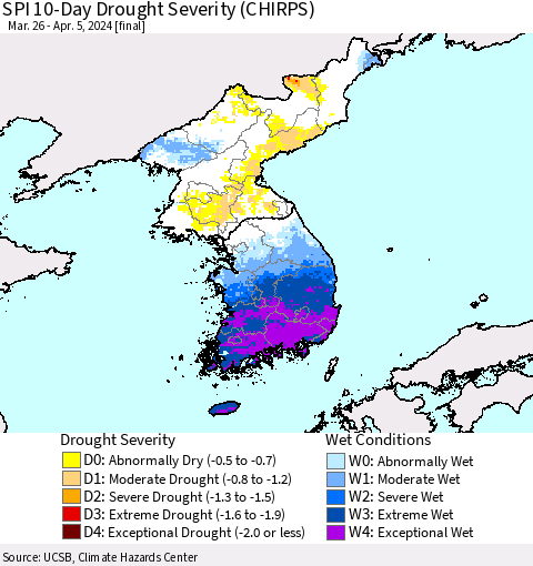 Korea SPI 10-Day Drought Severity (CHIRPS) Thematic Map For 3/26/2024 - 4/5/2024