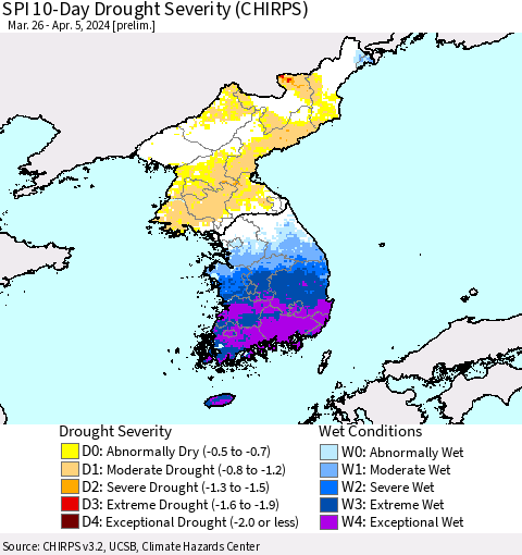 Korea SPI 10-Day Drought Severity (CHIRPS) Thematic Map For 3/26/2024 - 4/5/2024