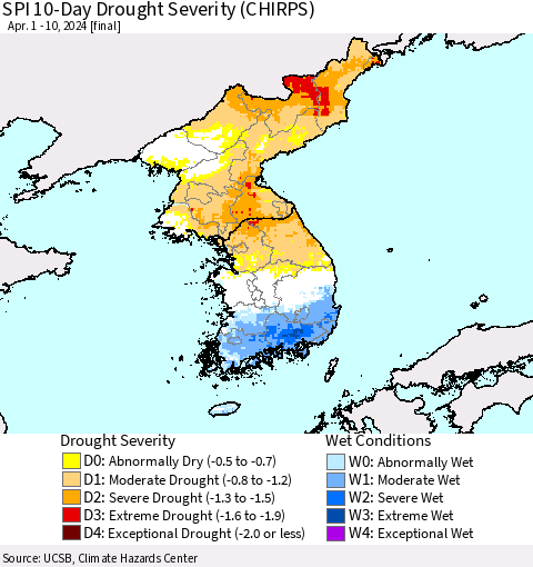 Korea SPI 10-Day Drought Severity (CHIRPS) Thematic Map For 4/1/2024 - 4/10/2024