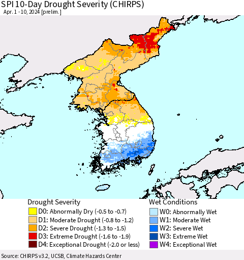 Korea SPI 10-Day Drought Severity (CHIRPS) Thematic Map For 4/1/2024 - 4/10/2024
