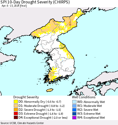 Korea SPI 10-Day Drought Severity (CHIRPS) Thematic Map For 4/6/2024 - 4/15/2024