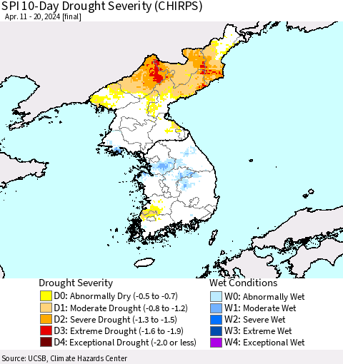 Korea SPI 10-Day Drought Severity (CHIRPS) Thematic Map For 4/11/2024 - 4/20/2024