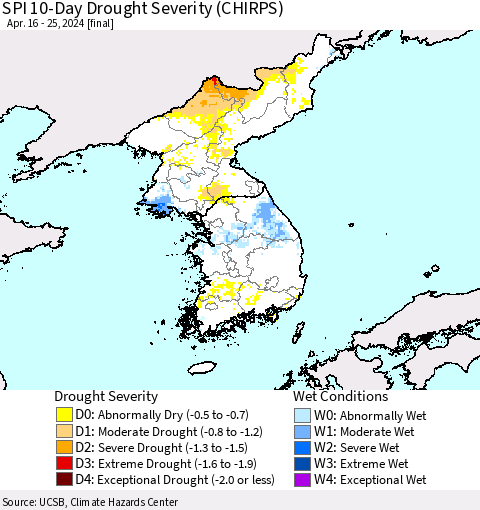 Korea SPI 10-Day Drought Severity (CHIRPS) Thematic Map For 4/16/2024 - 4/25/2024